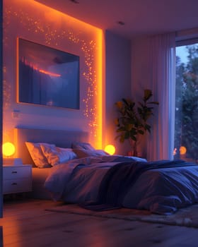 A cozy bedroom with a comfortable bed frame, nightstand, lamps, and a picture on the orangepainted wall. The wood furniture and green plant add to the interior design