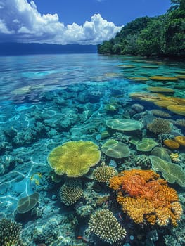 Shallow coral reef with clear water above, capturing tropical marine ecosystems.