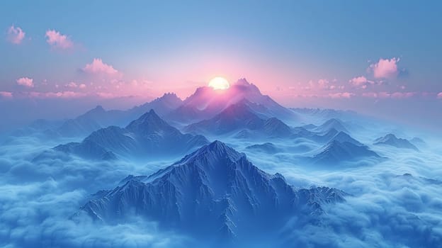 Misty mountain range at dawn, ideal for tranquil and majestic background themes.