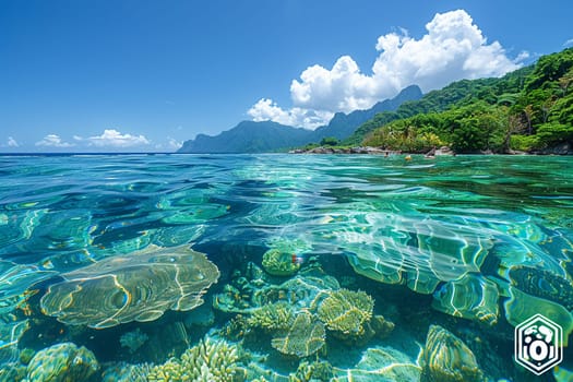 Shallow coral reef with clear water above, capturing tropical marine ecosystems.