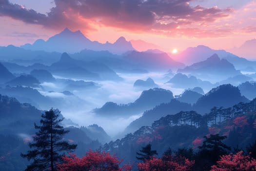 Misty mountain range at dawn, ideal for tranquil and majestic background themes.