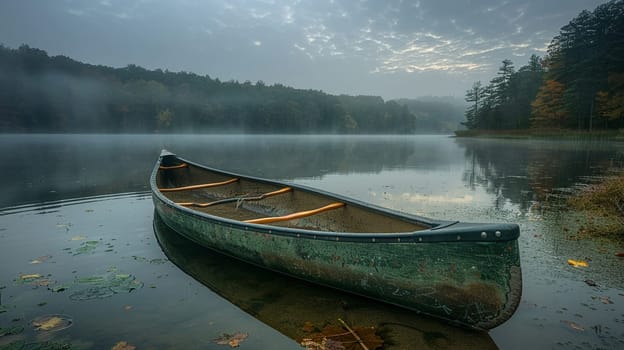 The peaceful solitude of a canoe on a misty lake at dawn, symbolizing tranquility and reflection.