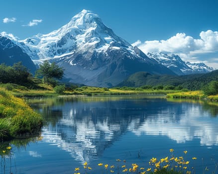 A snow-capped mountain reflected in a crystal-clear lake, symbolizing serene natural beauty.