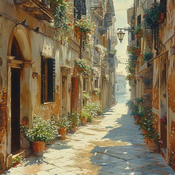 A narrow alley bathed in warm sunlight, flanked by historic buildings, evoking curiosity and exploration.