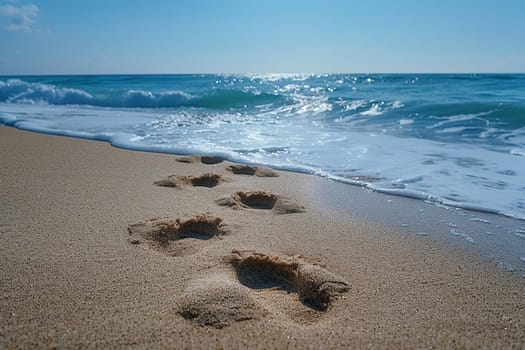 Gentle footprints in the sand leading towards the ocean, symbolizing journey and exploration.