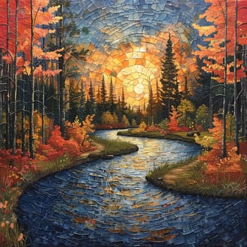 Winding river through a vibrant autumn forest, capturing natural beauty and seasonal change.