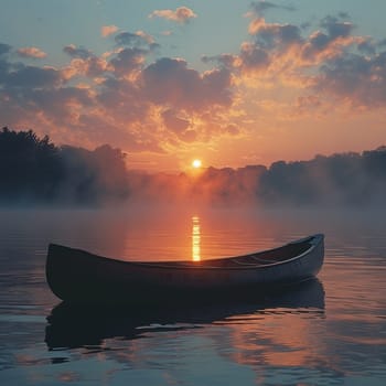 The peaceful solitude of a canoe on a misty lake at dawn, symbolizing tranquility and reflection.