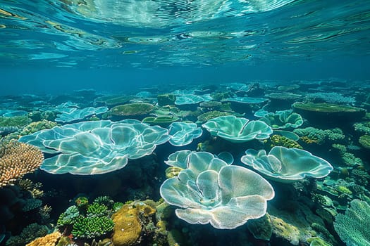 Shallow coral reef with clear water above, capturing tropical marine ecosystems.