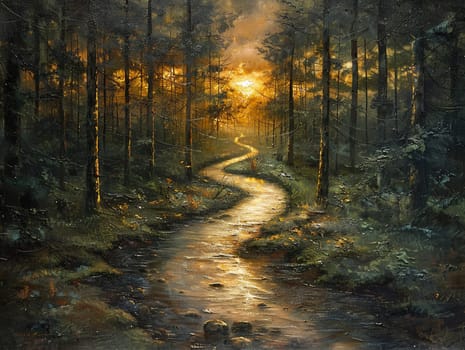 A serene brook winding through a forest, symbolizing peace and the journey of life.