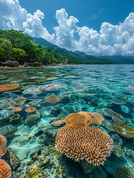 Shallow coral reef with clear water above, capturing tropical marine ecosystems.