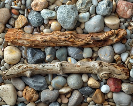 The contrasting textures of smooth pebbles and rough driftwood on a beach, showcasing natural diversity.