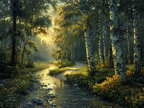 A serene brook winding through a forest, symbolizing peace and the journey of life.