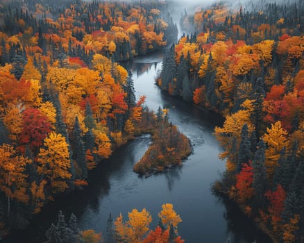 Winding river through a vibrant autumn forest, capturing natural beauty and seasonal change.