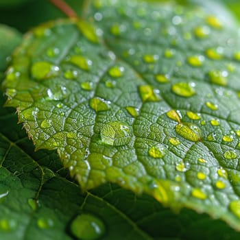 Close-up of raindrops on a vibrant green leaf, illustrating life and refreshment.