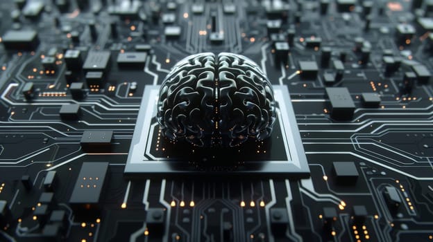 Human brain with circuit board of artificial intelligence, abstract Ai brain in black and white.