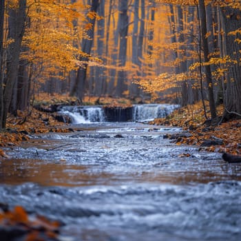 Winding river through a vibrant autumn forest, capturing natural beauty and seasonal change.