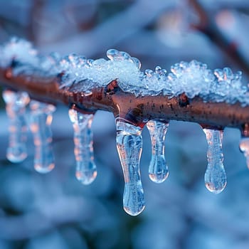 Frozen icicles hanging from a branch, capturing winter's chill and beauty.