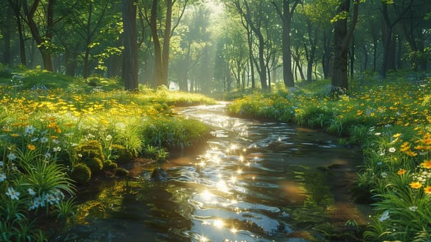 A serene brook winding through a forest, symbolizing peace and the journey of life.