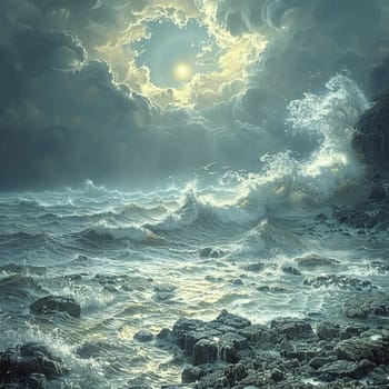 Crashing waves on a rocky coastline under a stormy sky, symbolizing nature's power and beauty.