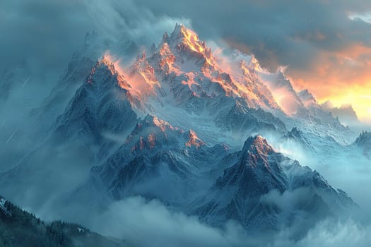 Misty mountain range at dawn, ideal for tranquil and majestic background themes.