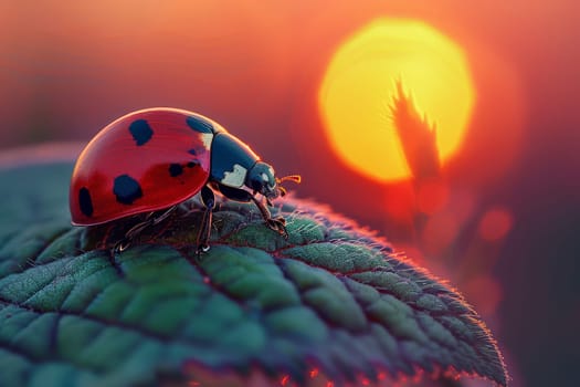 beautiful ladybug on leaf in the morning with the sun in the background.