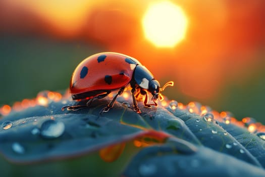 beautiful ladybug on leaf in the morning with the sun in the background.