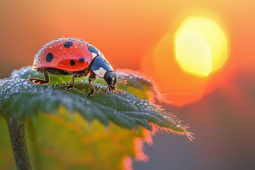 beautiful ladybug on leaf in the morning with the sun in the background.