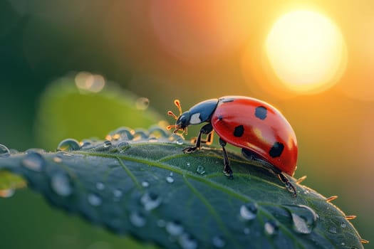 beautiful ladybug on leaf in the morning with the sun in the background.