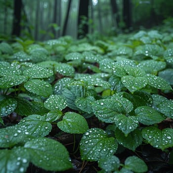 Glossy rain-soaked leaves in a forest, capturing freshness and nature after rain.