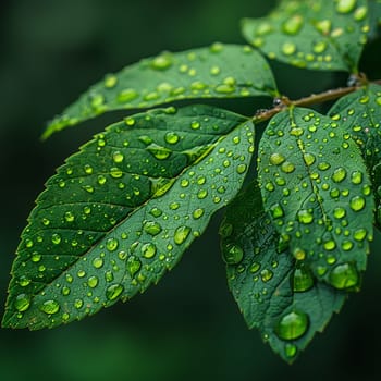 Close-up of raindrops on a vibrant green leaf, illustrating life and refreshment.