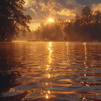 Golden sunlight on a tranquil lake, ideal for peaceful and reflective design themes.