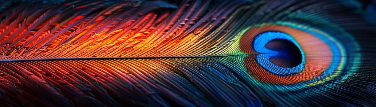 Close-up of a peacock feather, displaying vibrant colors and natural patterns.