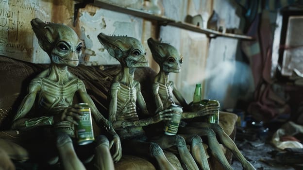 alien creatures lounging on a sofa and holding drinking, Cinematic scene.