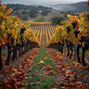 Ripened vineyard rows at harvest, ideal for wine and agricultural themes.