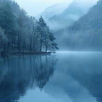 A blanket of fog over a calm lake at dawn, evoking a sense of mystery and tranquility.