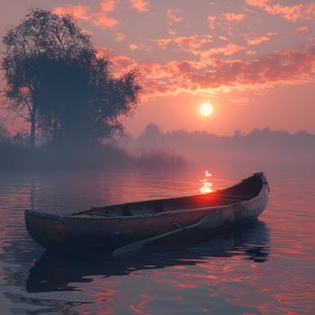 The peaceful solitude of a canoe on a misty lake at dawn, symbolizing tranquility and reflection.