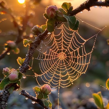 A dew-covered spider web in the early morning light, symbolizing the interconnectedness of life.