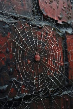 Glistening raindrops on a spider web, capturing the intricacy and beauty of nature. Old brick wall with peeling paint, great for vintage and rustic background themes.