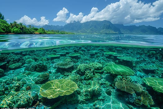 Shallow coral reef with clear water above, capturing tropical marine ecosystems.