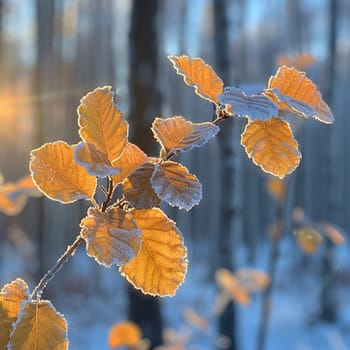 Frost-covered leaves on a brisk winter morning, symbolizing the beauty of the cold season.