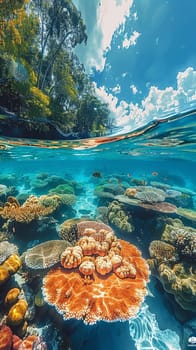 Shallow coral reef with clear water above, capturing tropical marine ecosystems.