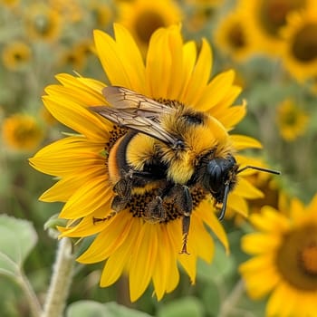 Close-up of a bee on a sunflower, representing nature, pollination, and summer themes.