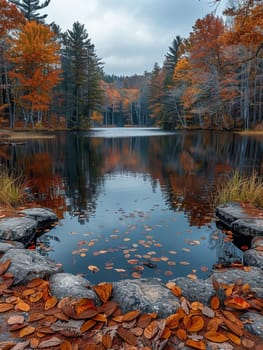 A serene pond surrounded by autumn foliage, offering a peaceful retreat.