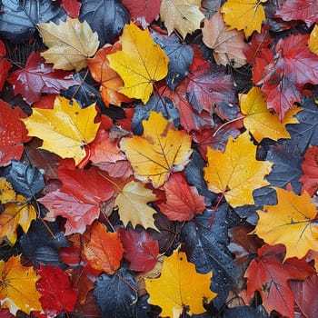 Brightly colored autumn leaves on forest floor, ideal for fall season and natural themes.