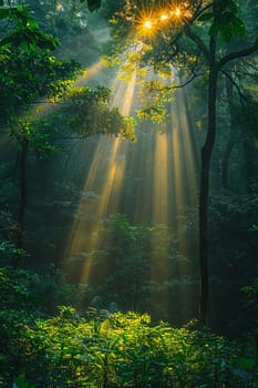 Sunlight filtering through dense forest trees, capturing a mystical and ethereal mood.