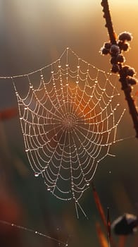A dew-covered spider web in the early morning light, symbolizing the interconnectedness of life.