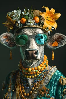 A fictional character cow is wearing a costume with a sleeve of flowers and fashion accessory sunglasses. This whimsical illustration depicts the stylish working animal ready for a fun event