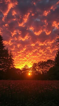 The fiery glow of a sunset behind a silhouette of trees, capturing the end of a day.