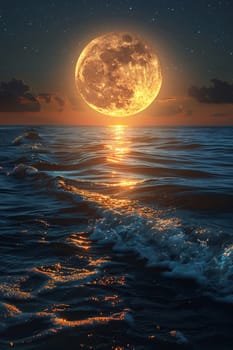 A full moon rising over a tranquil sea, evoking mystery and the beauty of the night.