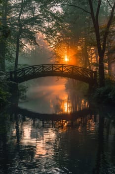 A bridge spanning a tranquil river at sunrise, connecting two shores and symbolizing passage.